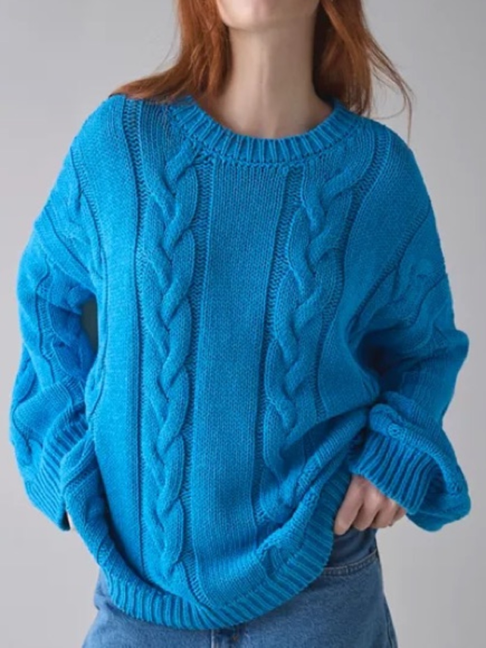 UO BDG Skylar Oversized Crew Neck Cable Knit Sweater - Sky Blue Recycled Cotton